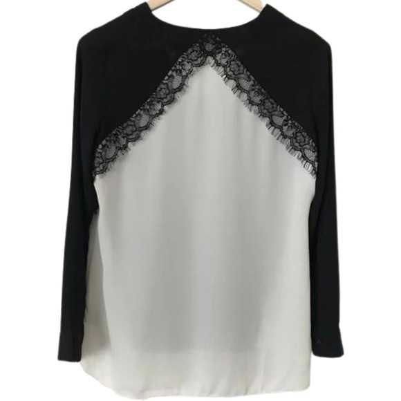 Worthington Black and White Long Sleeve V-neck Blouse with Lace Trim - Picture 2 of 5